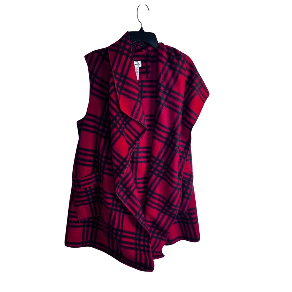 Le Moda Fleece Vest XL-XXL Red Black Plaid Draped Open Front Pockets Women